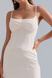 Elagant Spaghetti Straps Midi White Dress with Ruffles