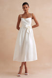 Spaghetti Straps A Line Satin Midi White Dress with Bow