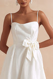 Spaghetti Straps A Line Satin Midi White Dress with Bow