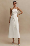Strapless A Line Ruched Satin Midi White Dress
