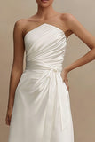 Strapless A Line Ruched Satin Midi White Dress