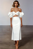 2 Piece Off the Shoulder Sheath Midi White Dress