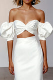2 Piece Off the Shoulder Sheath Midi White Dress