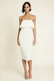 Strapless Bodycon Midi White Dress with Slit