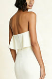 Strapless Bodycon Midi White Dress with Slit