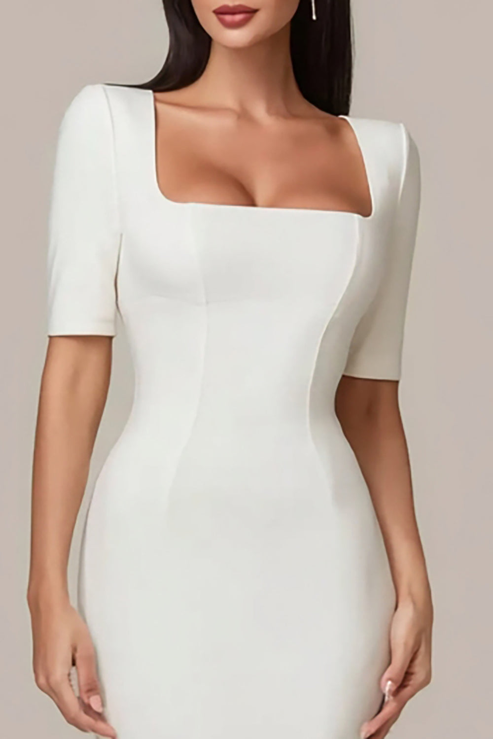 Berylove Women Bodycon Midi White Dress Elegant Short Sleeve Square Neck Engagement Dress, White / US2 Berylove Women Bodycon Midi White Dress Elegant Short Sleeve Square Neck Engagement Dress, White / US2