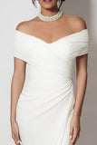 Off the Shoulder Sheath Ruched Maxi White Dress