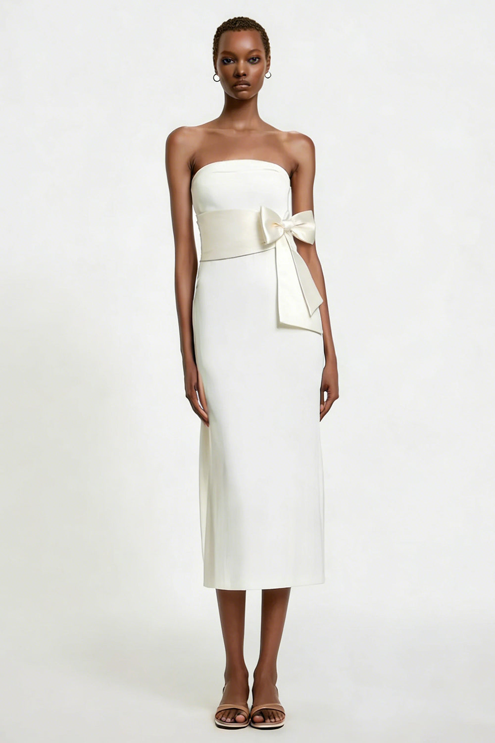 Berylove Women Strapless Midi White Dress Sheath Engagement Dress with Bow, White / US24W Berylove Women Strapless Midi White Dress Sheath Engagement Dress with Bow, White / US24W