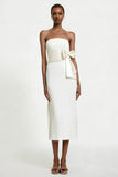 Strapless Sheath Midi White Dress with Bow