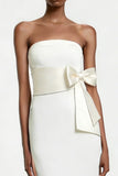 Strapless Sheath Midi White Dress with Bow
