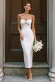 Simple Strapless Bodycon White Midi Engagement Dress