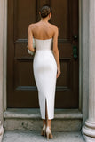 Simple Strapless Bodycon White Midi Engagement Dress