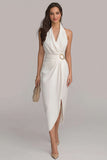 White Halter Midi Engagement Dress with Slit