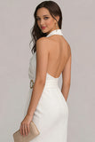 White Halter Midi Engagement Dress with Slit