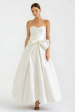 White Strapless A Line Maxi Engagement Dress with Bow