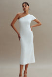 Simple One Shoulder Midi White Dress