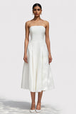 A Line Strapless Midi White Dress