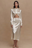 Collar Neck Sheath Satin Cut Out Midi White Dress