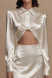 Collar Neck Sheath Satin Cut Out Midi White Dress