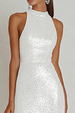 Sparkly Halter Sheath Maxi White Dress