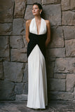 Halter Sheath Black and White Ruched Formal Dress