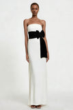 White Strapless Sheath Maxi Engagement Dress with Bow