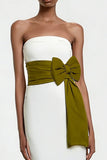White Strapless Sheath Maxi Engagement Dress with Bow