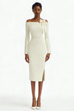 Ivory Long Sleeve Bodycon Midi Engagement Dress with Slit