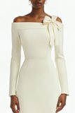 Ivory Long Sleeve Bodycon Midi Engagement Dress with Slit