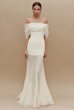 Ivory Off the Shoulder Mermaid Ruched Maxi Engagement Dress