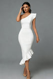 One Shoulder Bodycon Midi White Dress with Ruffles