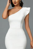 One Shoulder Bodycon Midi White Dress with Ruffles