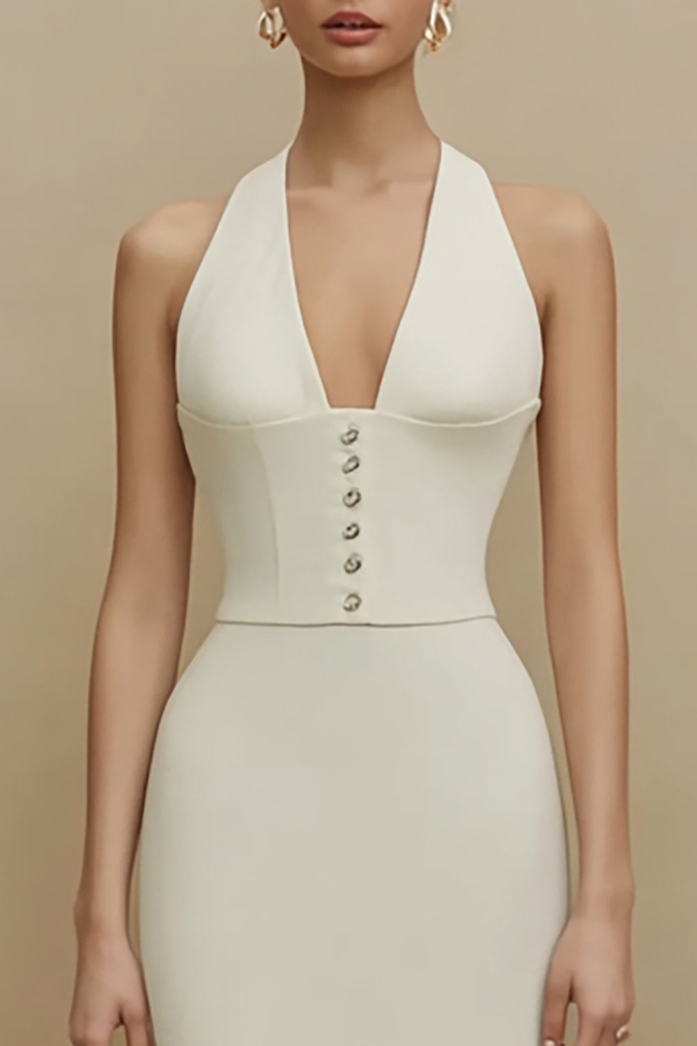 Berylove Women Halter Midi White Dress Simple Corset Single Breasted Formal Dress, Ivory / US10 Berylove Women Halter Midi White Dress Simple Corset Single Breasted Formal Dress, Ivory / US10