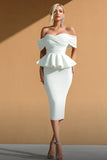 Off the Shoulder Ruffled Bodycon Midi White Dress