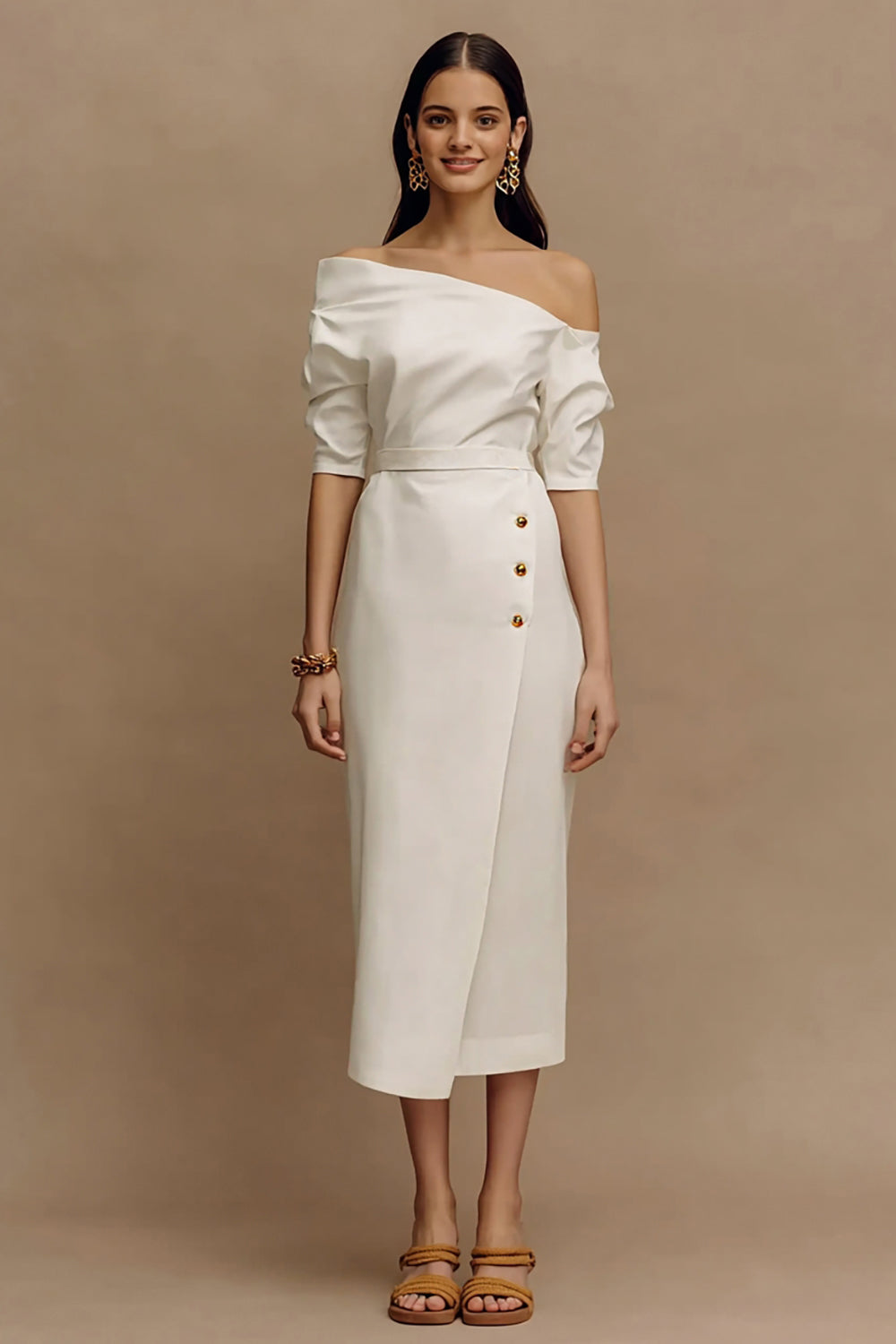 Berylove Women Sheath Midi White Dress Elegant Half Sleeve Work Dress, Ivory / US16W Berylove Women Sheath Midi White Dress Elegant Half Sleeve Work Dress, Ivory / US16W