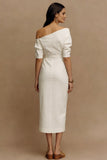 Elegant Sheath Half Sleeve Midi White Dress