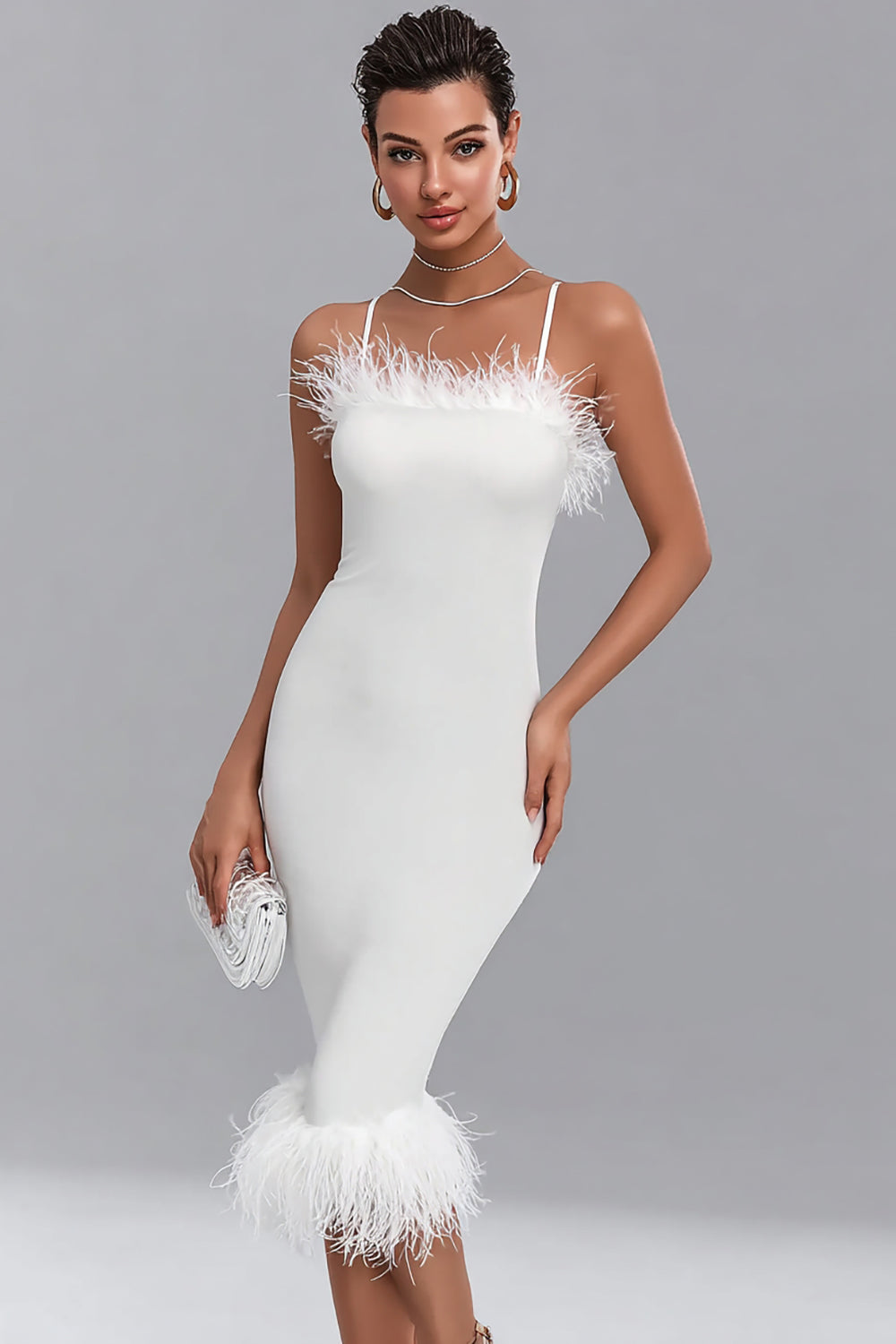 Berylove Women Spaghetti Straps Midi White Dress Fitted Cocktail Dress with Feathers Berylove Women Spaghetti Straps Midi White Dress Fitted Cocktail Dress with Feathers