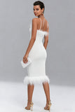 Spaghetti Straps Midi White Dress with Feathers