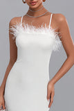 Spaghetti Straps Midi White Dress with Feathers