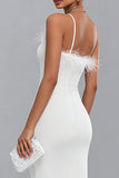 Spaghetti Straps Midi White Dress with Feathers