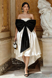 Satin Strapless Black and White Midi Dress with Bow
