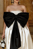 Satin Strapless Black and White Midi Dress with Bow
