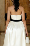 Satin Strapless Black and White Midi Dress with Bow