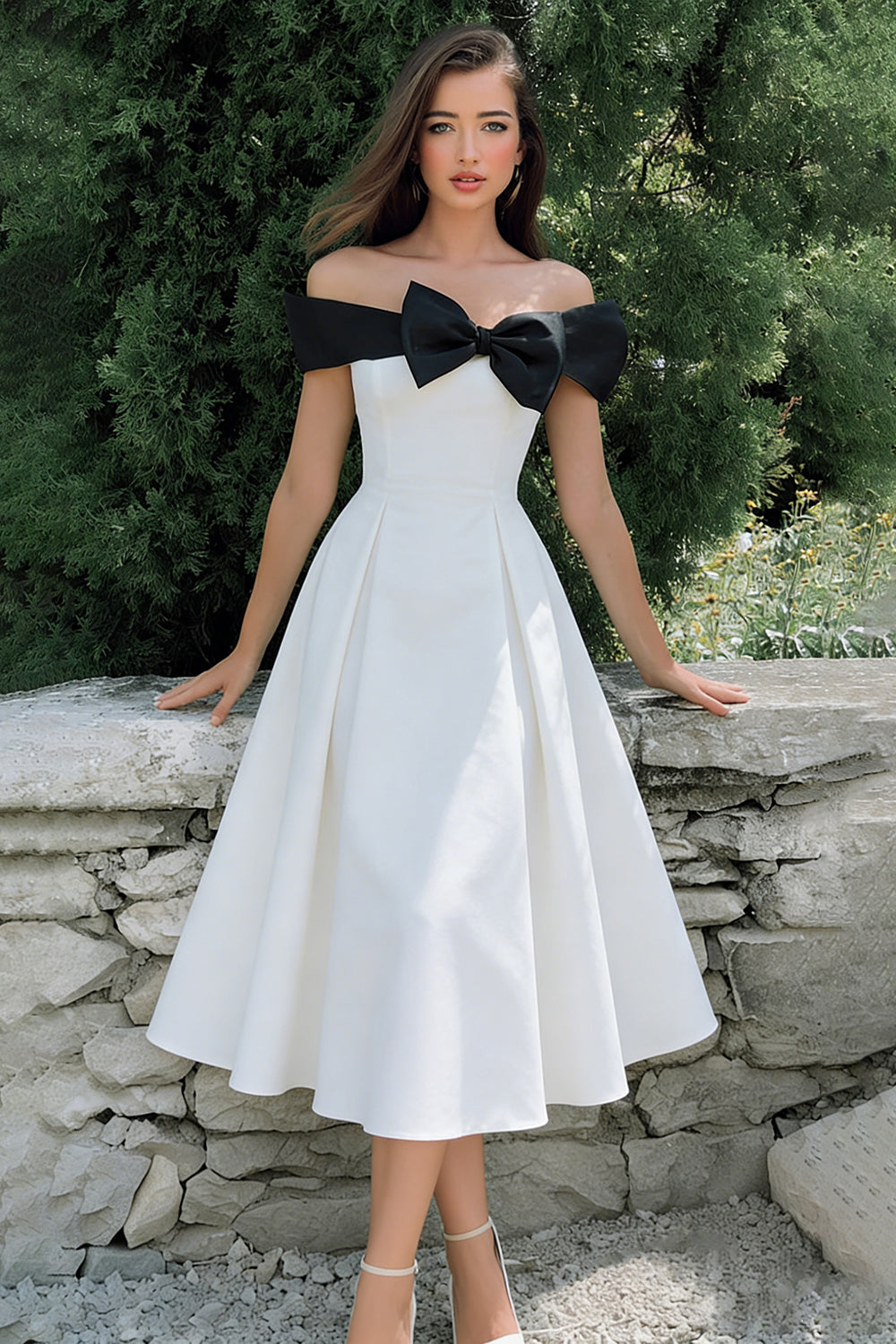 Berylove Women Off the Shoulder Midi White Dress A Line Party Dress with Bow, White / US24W Berylove Women Off the Shoulder Midi White Dress A Line Party Dress with Bow, White / US24W