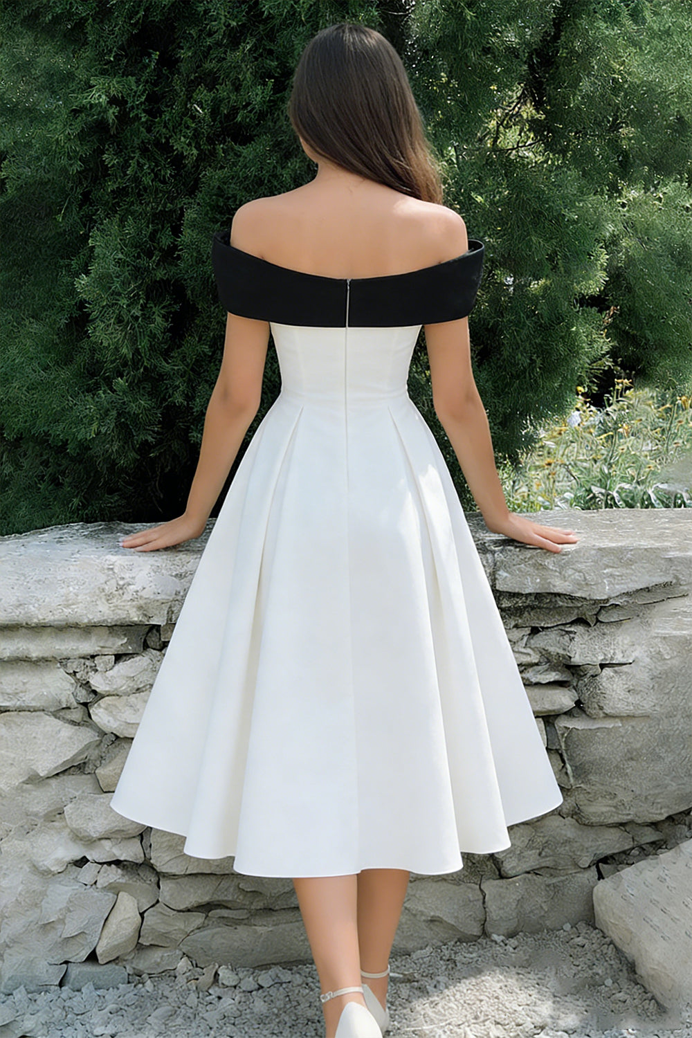 Berylove Women Off The Shoulder Midi White Dress A Line Party Dress with Bow, White / US24W Berylove Women Off The Shoulder Midi White Dress A Line Party Dress with Bow, White / US24W