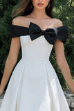 Off the Shoulder A Line Midi White Dress with Bow