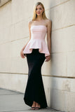 Black and Pink Strapless Mermaid Formal Dress with Ruffles