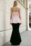 Black and Pink Strapless Mermaid Formal Dress with Ruffles