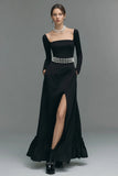 Black Long Sleeve A Line Maxi Formal Dress with Pearls