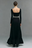 Black Long Sleeve A Line Maxi Formal Dress with Pearls